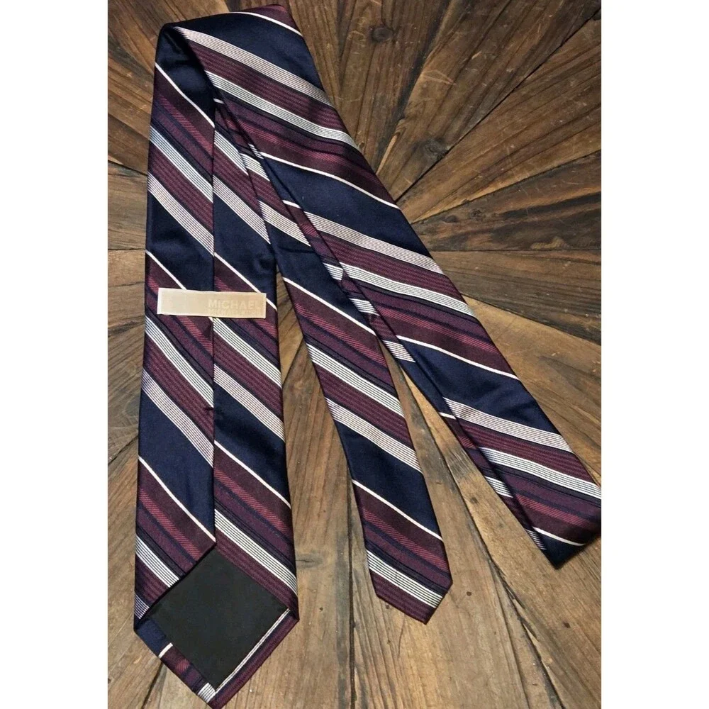MICHAEL KORS Men's Silk Tie ~ Burgundy, White & Blue Striped